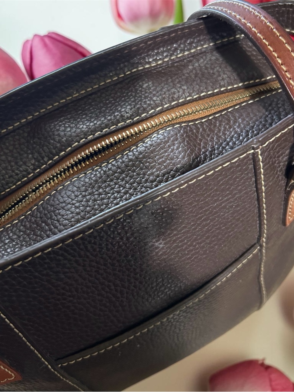 Dooney & Bourke Dark Brown Pebbled Leather Tote with Tan Trim - Picture 3 of 6